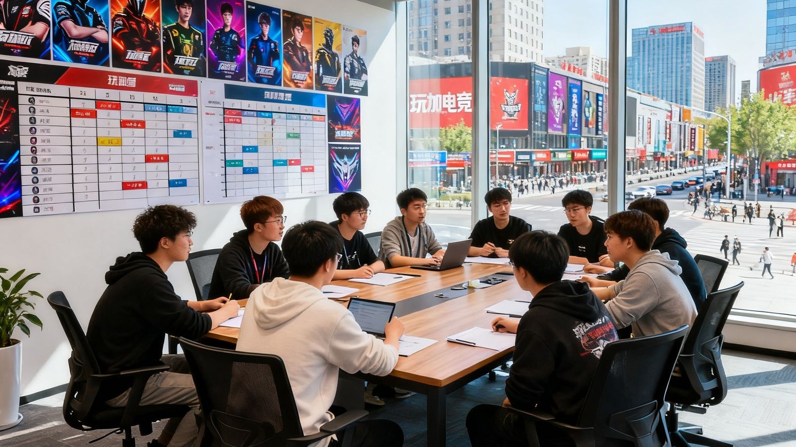 玩加电竞北京总部开放式办公室内，二十余名年轻员工围坐在长桌旁热烈讨论赛事运营方案，墙上贴满各大战队海报和赛程表，落地窗外是中关村繁华街景