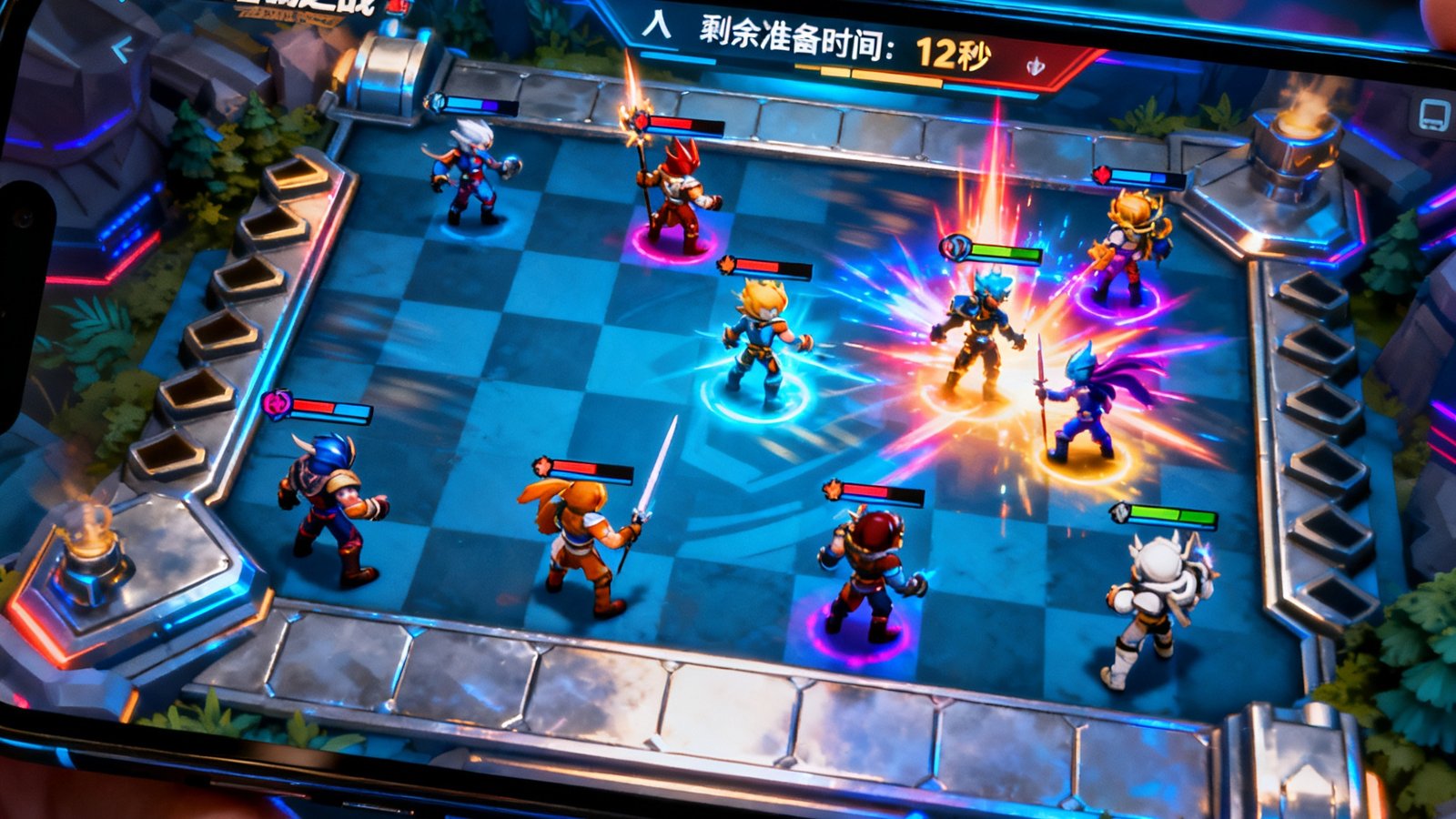 金铲铲之战线上赛八人棋盘对战画面，玩家在手机端精心排布英雄阵容，棋盘上特效绚丽，计时器显示剩余准备时间