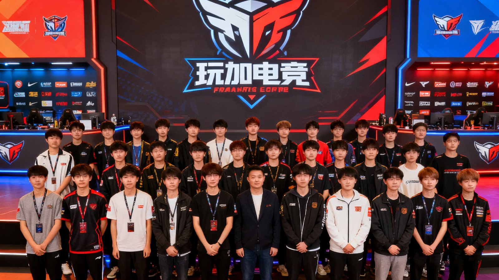 玩加电竞年度合作伙伴大会合影，数十支合作战队的代表齐聚一堂，背景是巨大的玩加电竞Logo墙和赞助商展示区